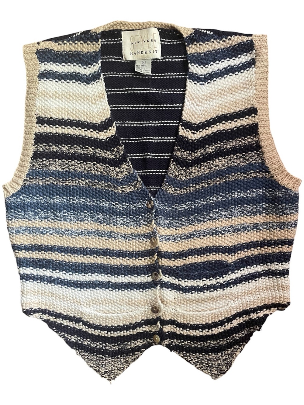 Handknit Striped Button Front Style New York Sweater Vest Librarian Boho Size L